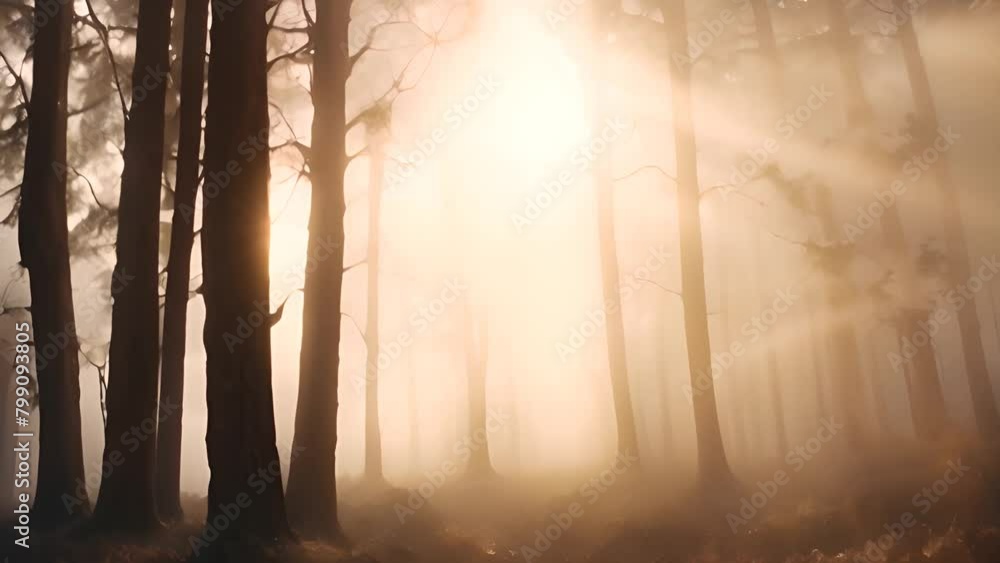 Poster sun shining through trees in forest generative ai