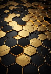 Abstract 3d rendering of golden hexagons background. Creative concept for web banner, wallpaper