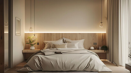 minimalist bedroom with linen bedding featuring a white bed adorned with white pillows, a white vas