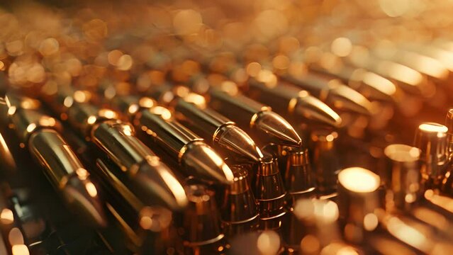A close up of a row of bullets, with the focus on the individual bullets. Concept of danger and violence, as the bullets are arranged in a row and appear to be ready for use