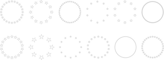 Stars of various sizes arranged in circle. Design element - Star circle vector. Black star shape. Vector illustration