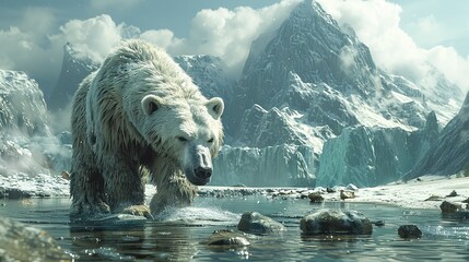 polar bear in the water - obrazy, fototapety, plakaty
