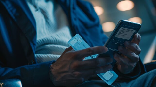 Phone, passport, and travel ticket with airport mobile app flight times. Businessperson clutching smartphone, screen, or ID for trip or journey