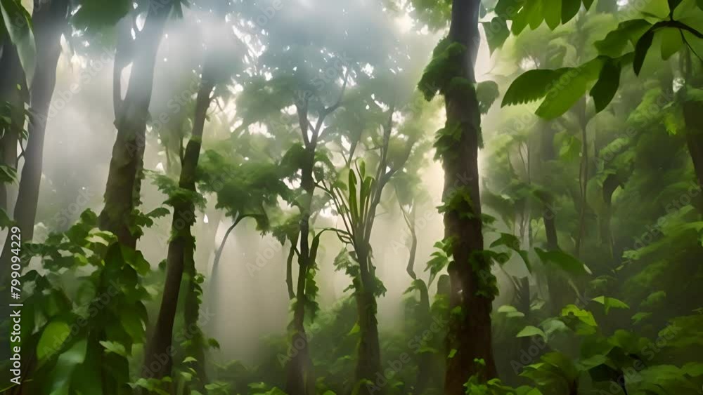 Poster foggy forest filled with trees generative ai