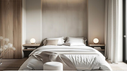 minimalist bedroom with linen bedding featuring a white bed adorned with white pillows, accompanied