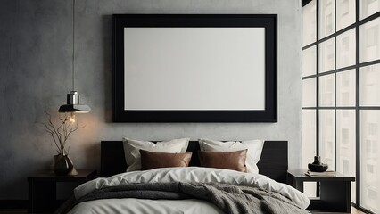 Mock up poster frame in bedroom interior, 3d render