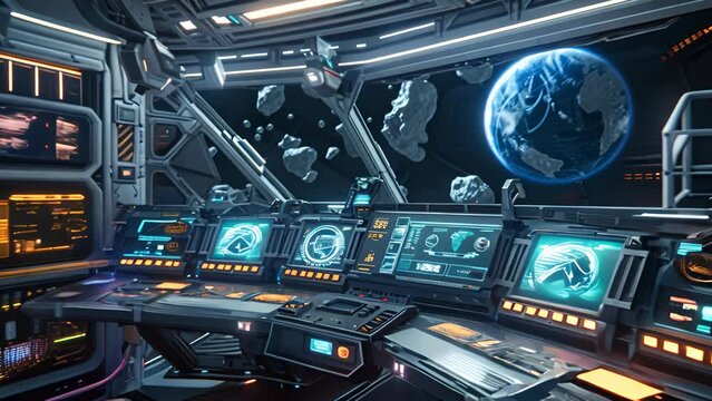 A spaceship cockpit with a view of a planet and a large rock. The rock is in the middle of the screen and is surrounded by smaller rocks. The cockpit has a number of screens