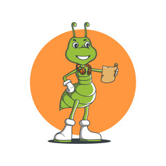 ant cartoon character with a paper in his hand and an orange background