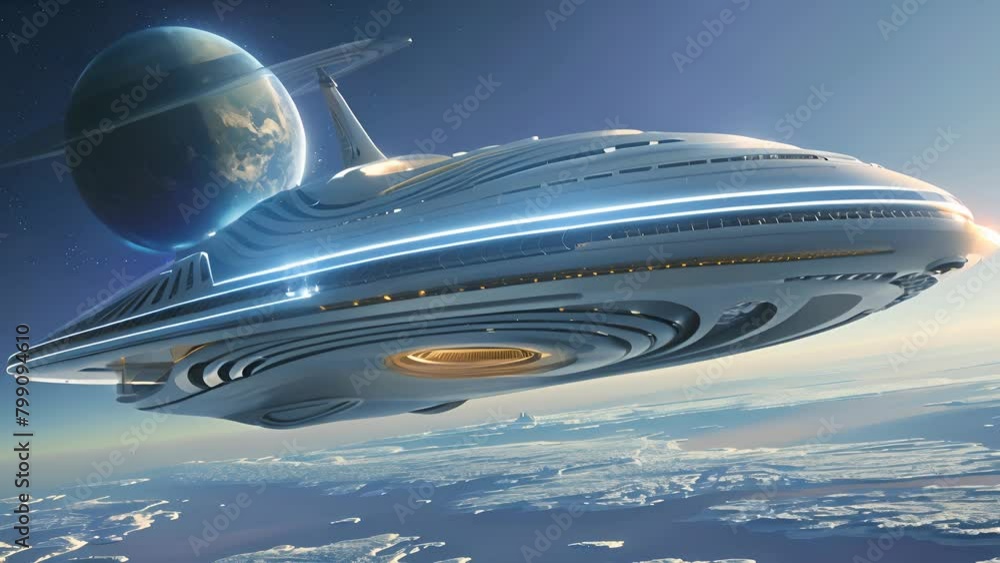 Aufkleber a spaceship is flying through space with a planet in the background. the spaceship is large and has 