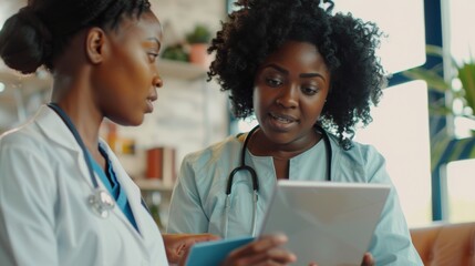 Black individuals or nurses with medical research reading hospital news or test results together. Teamwork, digital tech, or African doctors planning or discussing online healthcare report