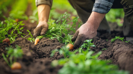 Fresh organic vegetables harvested, farmer's hand holding fresh carrots.Generative AI