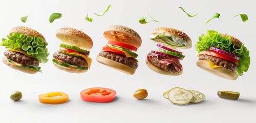 Delicious single burger ingredients, flying, isolated on a white background.