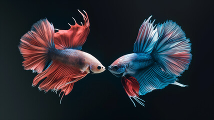 Beautiful two Betta splendens looking at each other, Siamese fighting fish or Pla-kad in Thai popular fish in aquarium, Show off tail spreads swimming beautifully.Generative AI