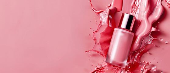 Banner or header with pink nail polish bottle with splash on rose background.