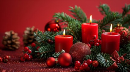 Festive candles with Christmas ornaments against red backdrop