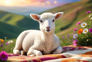 a sheep is laying on a blanket with a field of wildflowers in the background