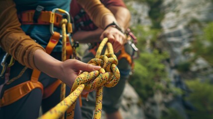 Rock climbing, fitness woman, and safety securing harness rope on mountain cliff for outdoor...