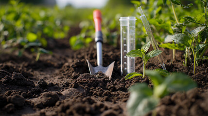 Fertile loam in the hands of a farmer man and a soil measurement in place.Generative AI