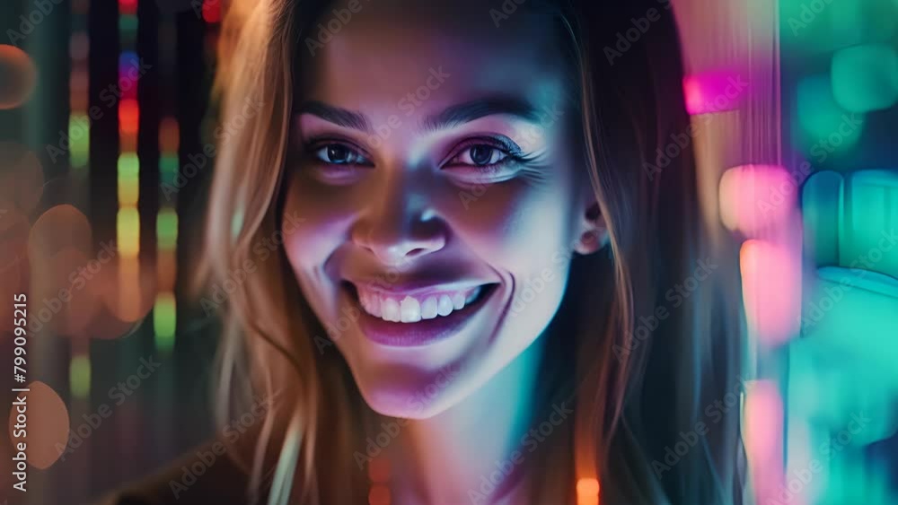 Poster a woman is smiling in front of a colorful background with numbers and letters. the image has a brigh