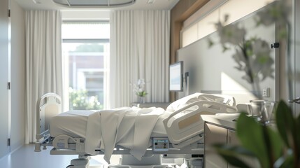 Vacant hospital rooms, health insurance, and medical assistance for recuperation. Emergency room, surgery, bed in clinic, nursing or bedroom for healthcare plan