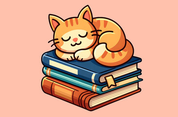 Content Orange Tabby Cat Napping on a Pile of Colorful Books