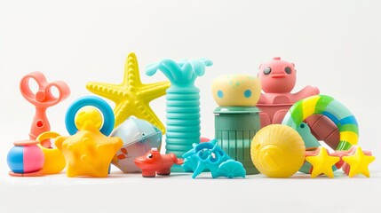 A group of beach toys in various shapes and colors, displayed against a clean white background for emphasis.