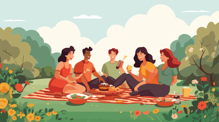 Picnic vector illustration. Friends company togethe