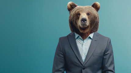 Business Bear. A Professional Bear in a Suit and Tie. Corporate Animal. A Bear Dressed for Success Against a Blue Background