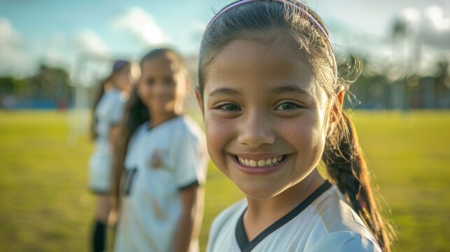 Smiley girl soccer player, picture and training field, collaboration and diversity. With enthusiastic faces, young female footballers enjoy team building, learning, and development.