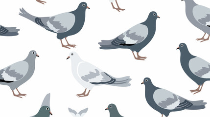 Pigeons flat vector seamless pattern. Cartoon grey