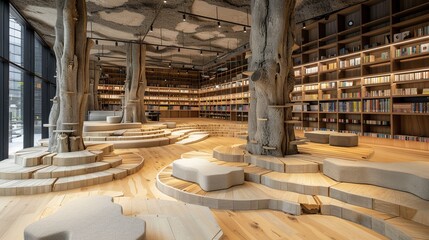 The library is large with a variety of books on wooden shelves. The room is natural, classic and elegant, with a large pillar made from the trunk of a tree.
