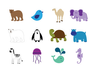 Big bundle of funny domestic and wild animals, marine mammals, reptiles, birds and fish. Collection of cute cartoon characters isolated on white background. Colorful vector illustration in flat style.