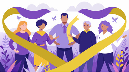 A purple and gold ribbon is by a group of community members officially declaring the garden open and symbolizing the strength and unity of the. Vector illustration