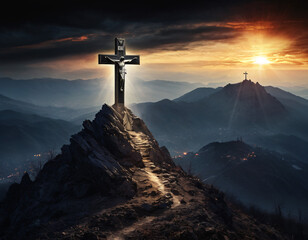 Cross on the top of the mountain. AI generated.