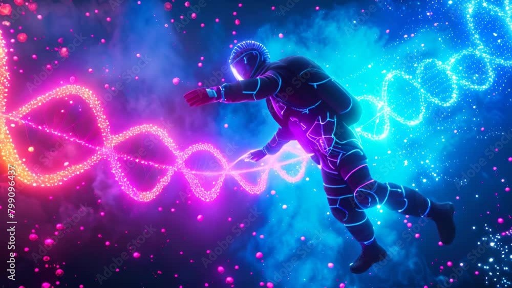Poster a man in a spacesuit is floating in a colorful, swirling galaxy. the image is a work of art, with th