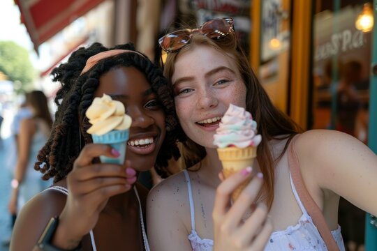 Friends with ice cream, kiss and selfie outdoors, delighted with dessert and vacation. Photos of young woman eating gelato in Italy and pouting on social media