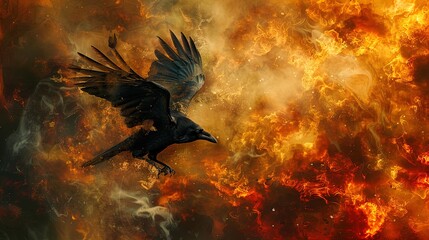 Obraz premium Raven's Flight Through Inferno: Mystique Meets Fire.