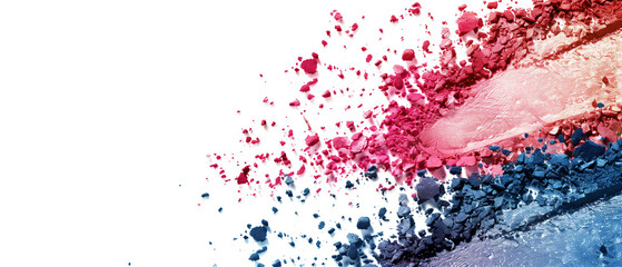 Exploding cosmetics. Vibrant shades of pink and blue eyeshadow with glitter accents. Banner. Generative AI