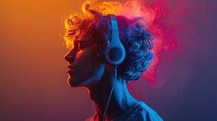A side view of a man wearing headphones against a background of vibrant colors.