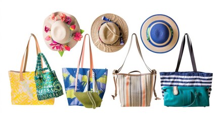 A set of beach bags in various designs, neatly arranged against a clean white background.