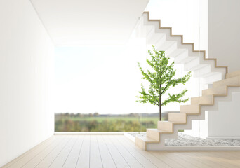 Fototapeta premium Morning light and trees outside the bare glass wall. Inside there is a empty room with minimalist stairs. White wall and wood floor. 3D rendering
