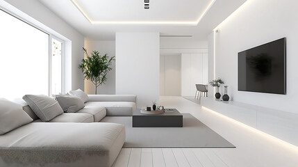 minimalist family room with recessed lighting featuring a black television, white walls, ceiling, a