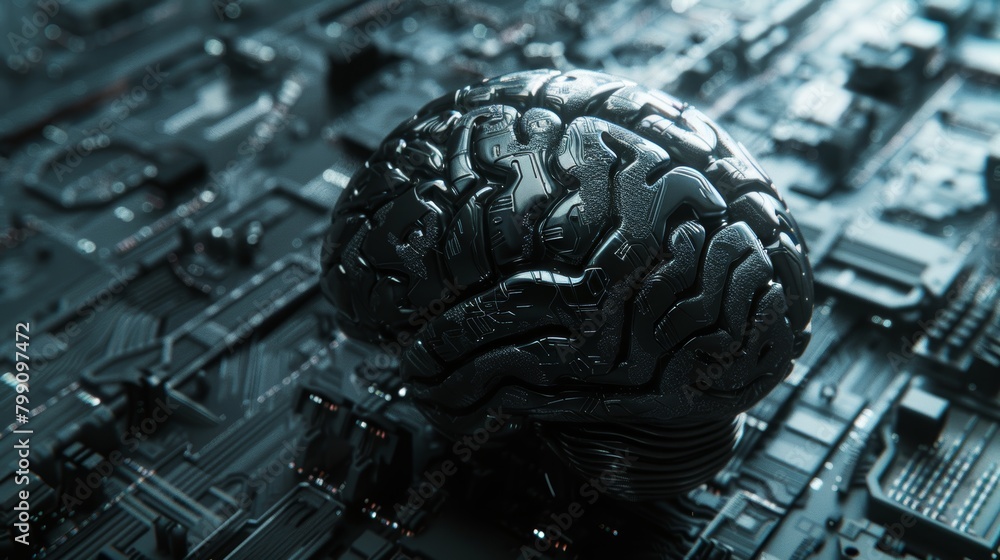 Poster closeup engineering, cybersecurity, and programming with futuristic brain and ai on circuit board. a