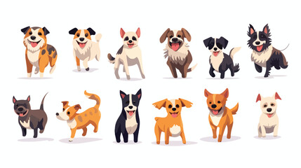 Playful dogs flat vector illustrations set. Differe