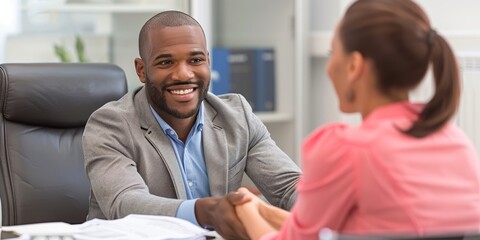 Businessman, office interview, handshake for hiring, partnership or agreement. Happy employer shaking hands with employee or new recruit for meeting, greeting or deal at desk