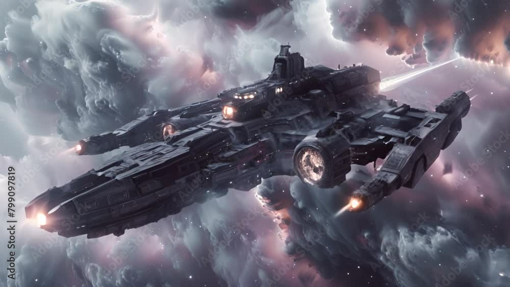 Poster a large space ship is flying through a cloudy sky. the ship is surrounded by a lot of space debris, 