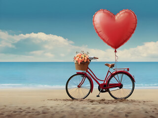 Fototapeta premium Bicycle vintage with heart balloon on beach blue sky concept of love in summer and wedding
