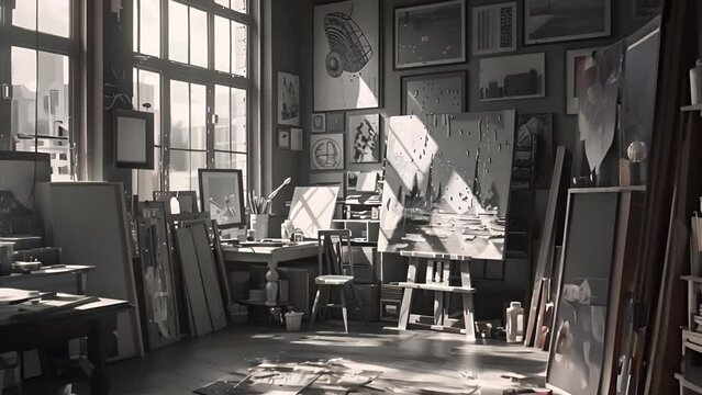 A black and white photo of a studio with a lot of paintings on the walls. Scene is artistic and creative