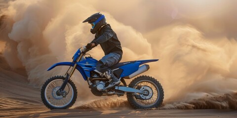 Desert, speed, or athlete riding motorbike for workout, adventure, or adrenaline. Motorcyclist on...