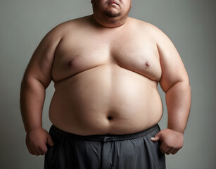 Naklejka premium Overweight man's belly, fat man has excess fat, he is dieting and losing weight. unhealthy, medical health concept.